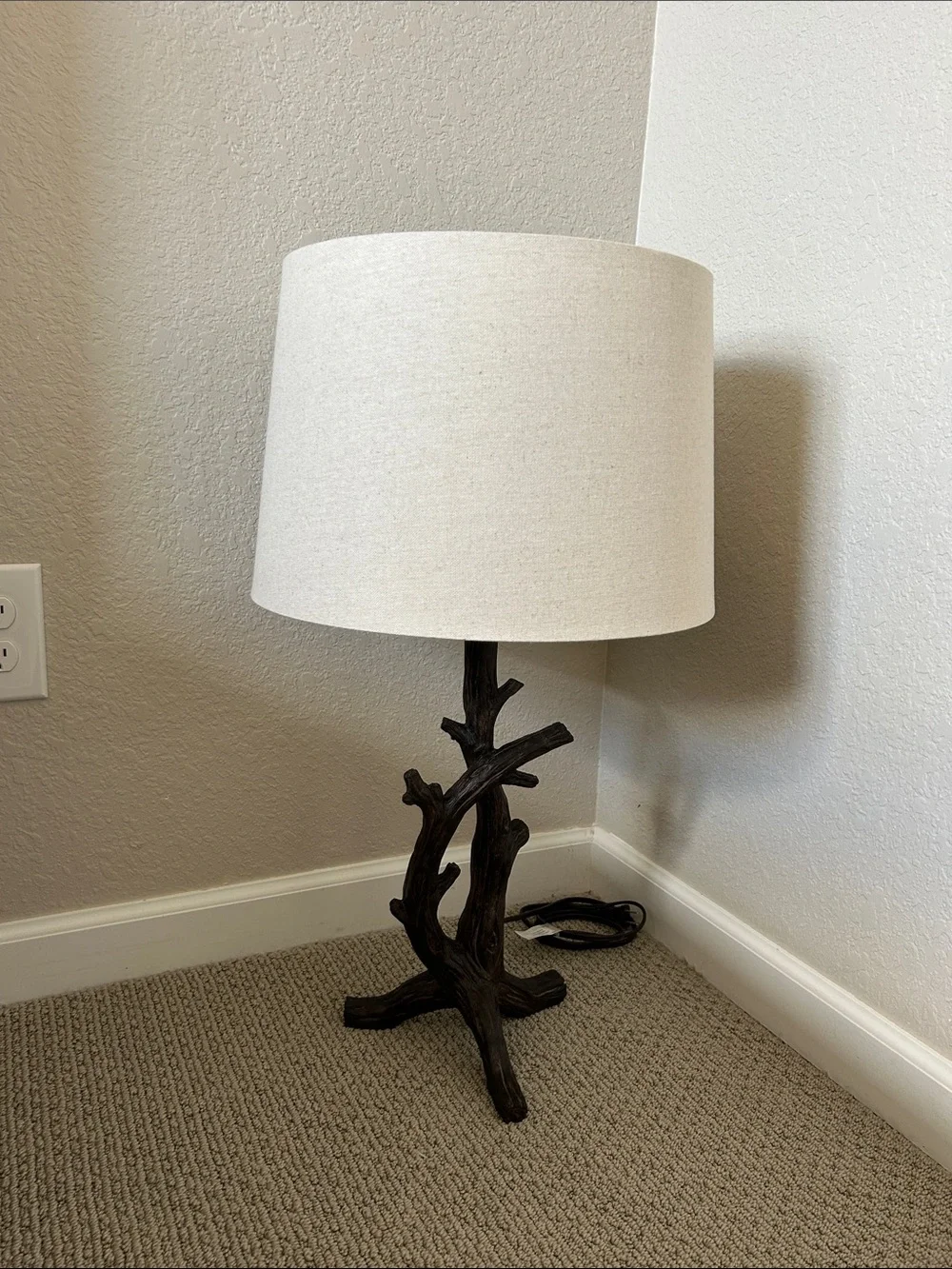 Neutral Oatmeal/ Light Sand Drum Shade Table Lamp with Dark Wood Branch Base